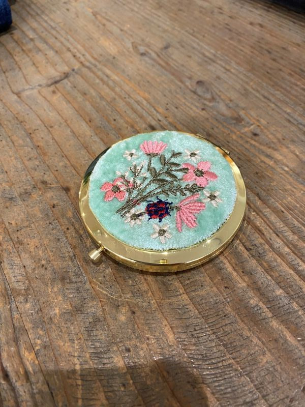 Green Embroidered Compact Mirror