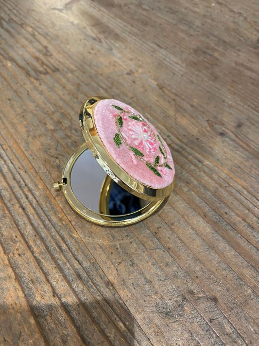 Pink Embroidered Compact Mirror