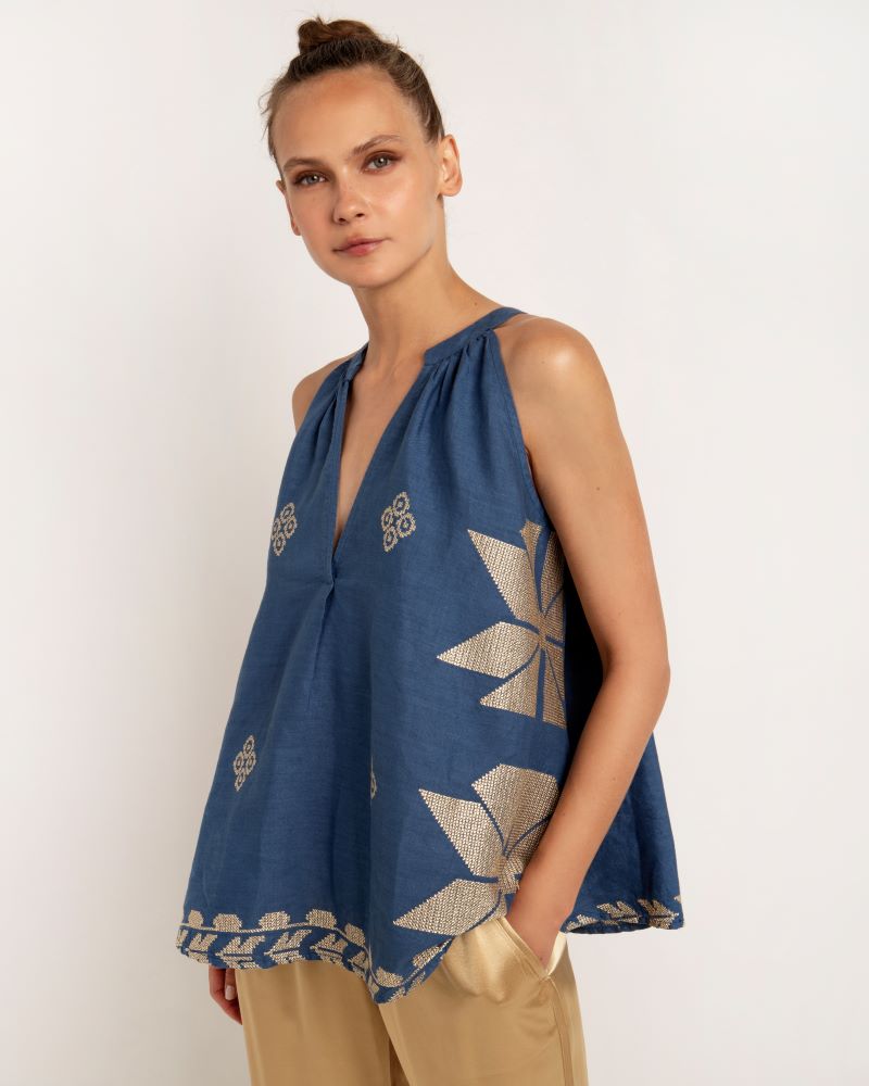 Sleeveless Aeolis Blouse in Indigo and Gold