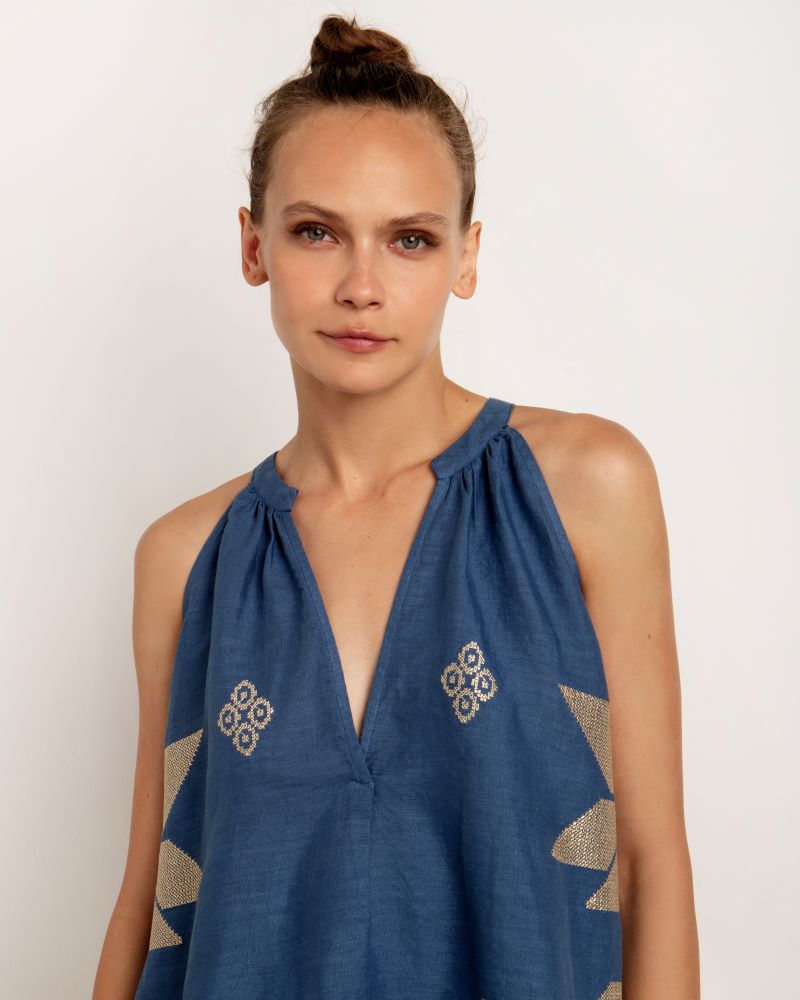 Sleeveless Aeolis Blouse in Indigo and Gold