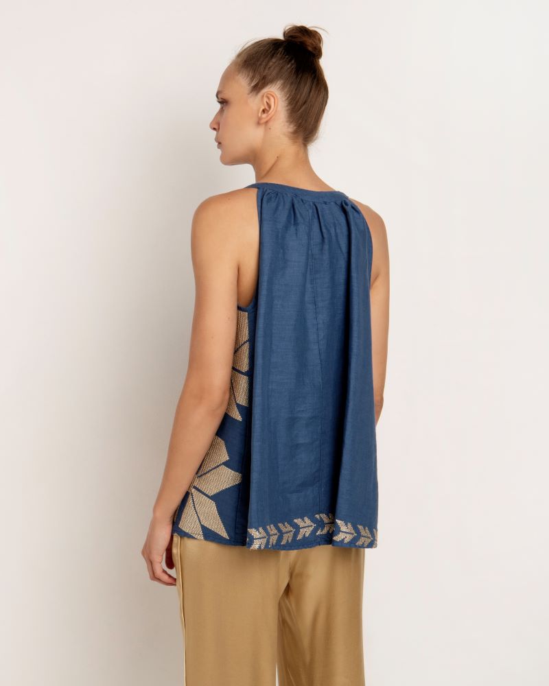 Sleeveless Aeolis Blouse in Indigo and Gold