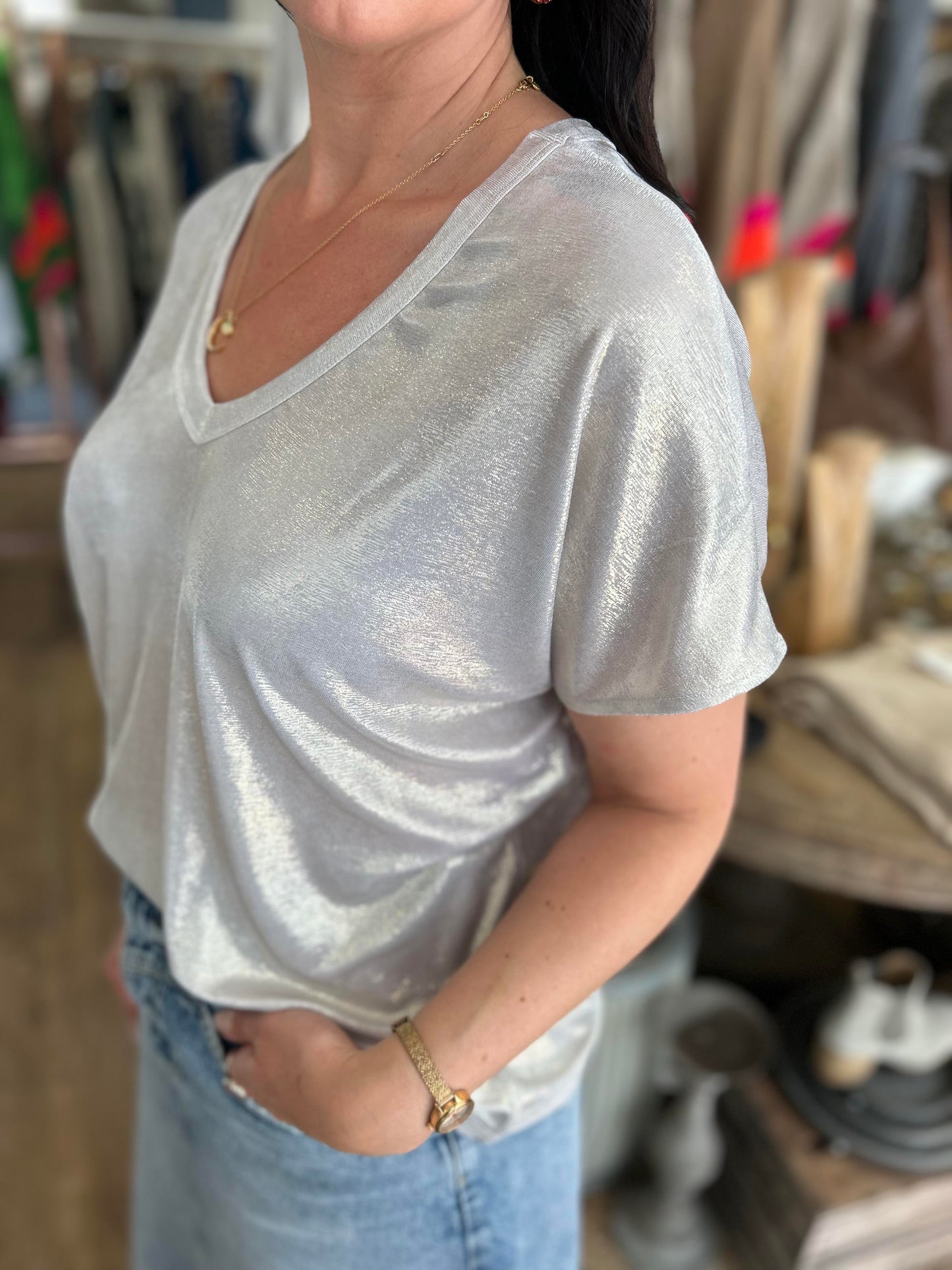 Agnola Reversable Pearlised Silver Slouch Tee