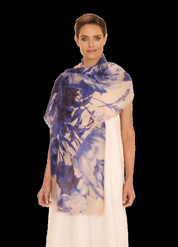 Linen & Cotton Scarf in China Blue Blooms