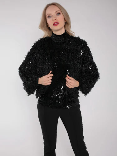 Marly Sequin and Faux Fur Kimono in Black