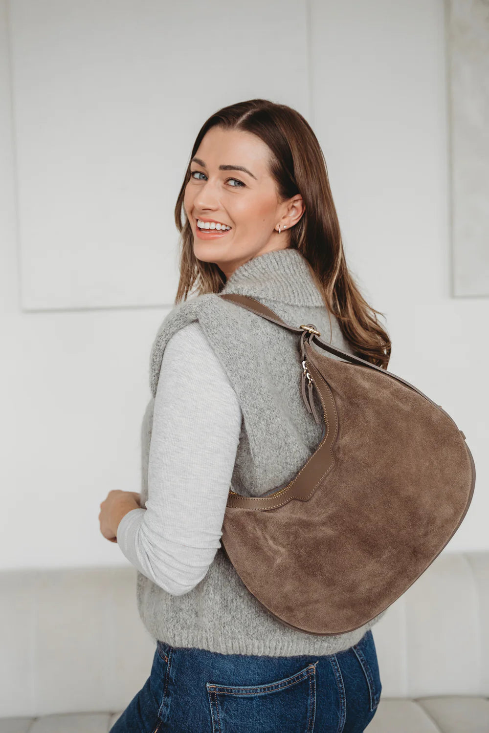 Shoulder Handbag - Crescent Suede Taupe
