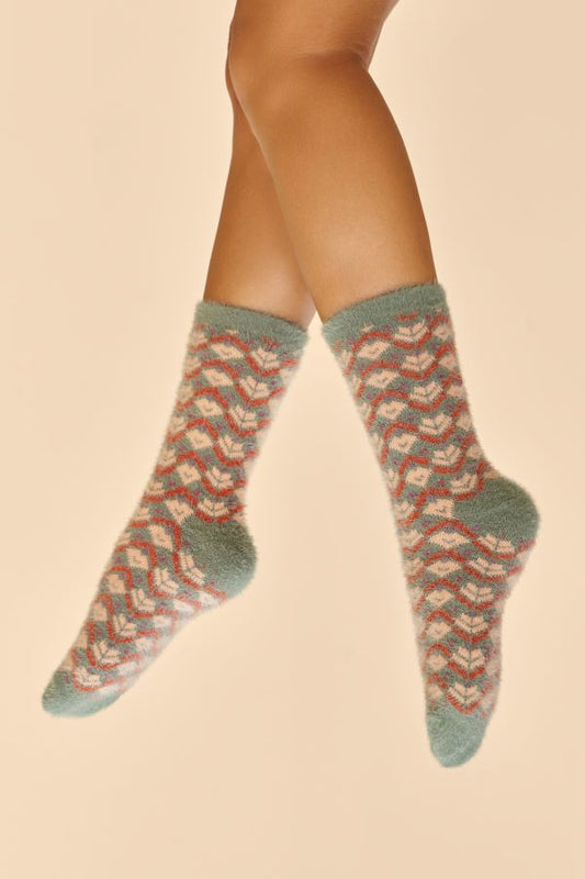 Fair Isle Fuzzy Slipper Socks in Teal