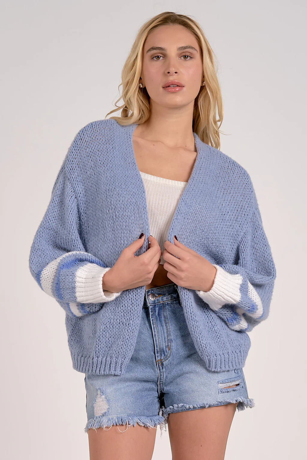 Pale Blue Cardigan with Contrast Stripe