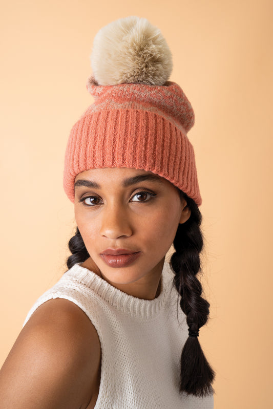 Thora Bobble Hat in Coral and Taupe