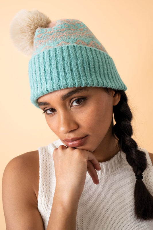 Thora Bobble Hat in Aqua and Taupe