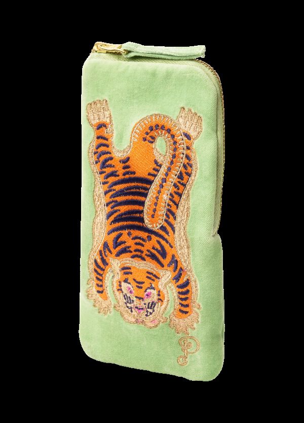 Velvet Embroidered Glasses Pouch - Ikat Tiger in Mint