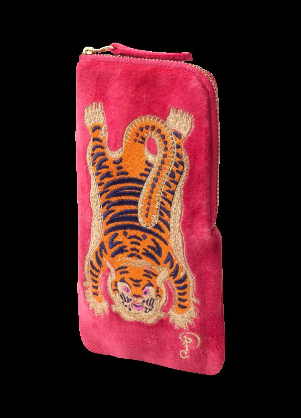 Velvet Embroidered Glasses Pouch - Ikat Tiger in Fuchsia