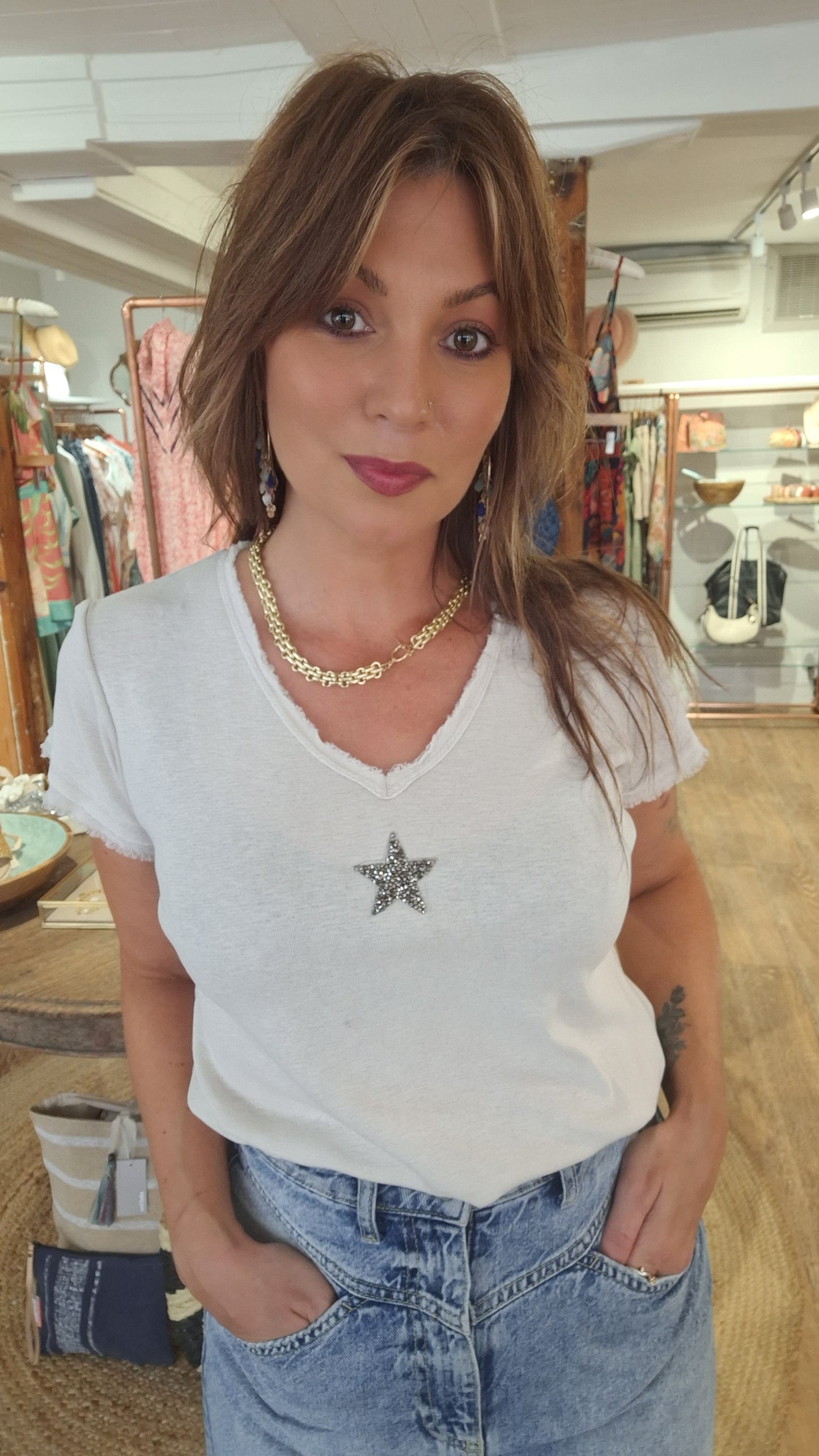 Taupe Cotton Tee with Granite Sequin Star