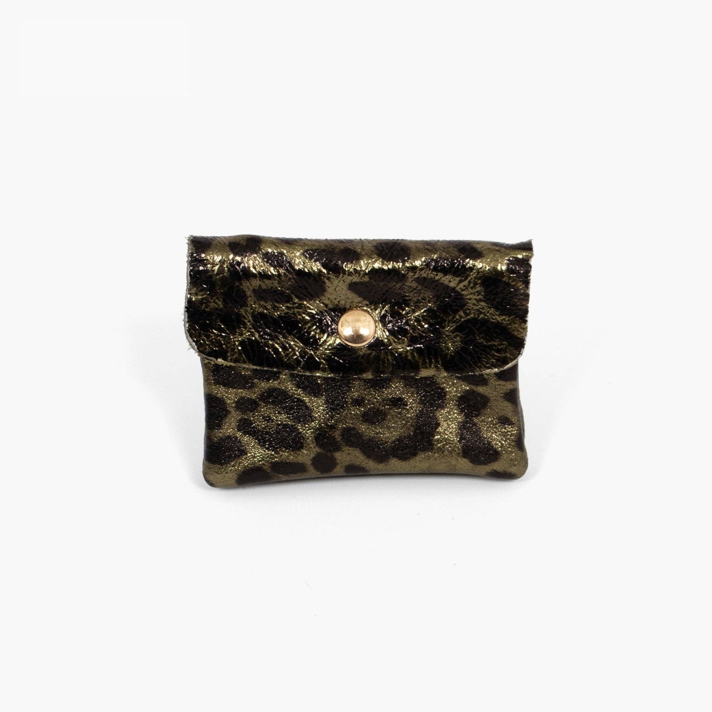 Italian Leather Coin Purse - Khaki Leopard Print, Metallic