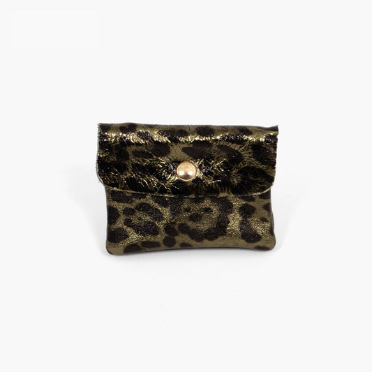 Italian Leather Coin Purse - Khaki Leopard Print, Metallic