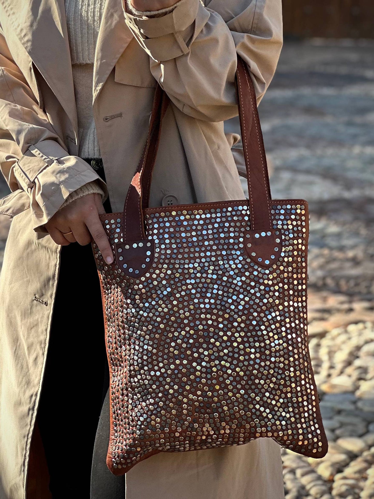 Handmade Genuine Leather Studded Tote Bag, Handcrafted purse