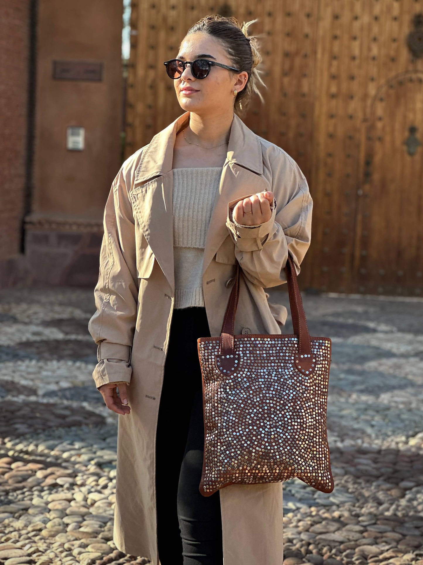 Handmade Genuine Leather Studded Tote Bag, Handcrafted purse
