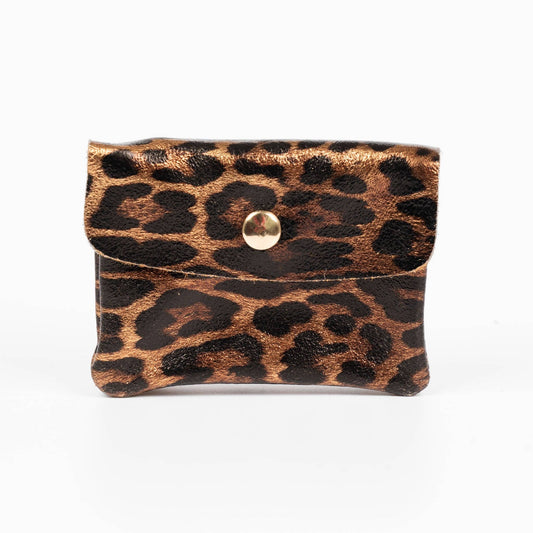 Italian Leather Coin Purse - Bronze Leopard Print, Metallic