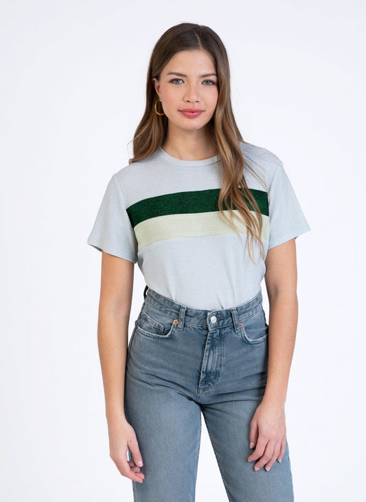 Amilane Tee Shirt in Silver with Green Stripe