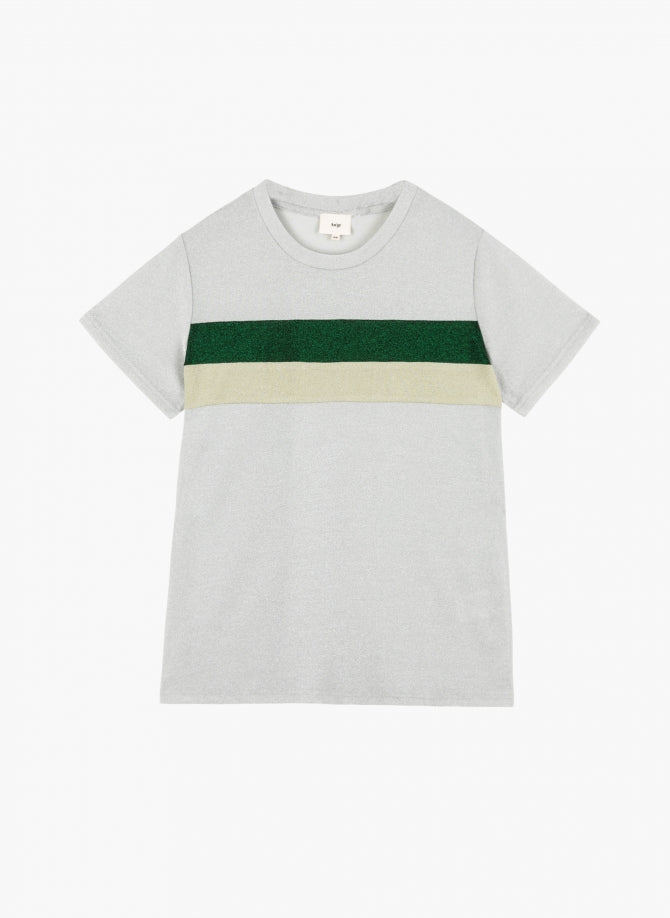 Amilane Tee Shirt in Silver with Green Stripe