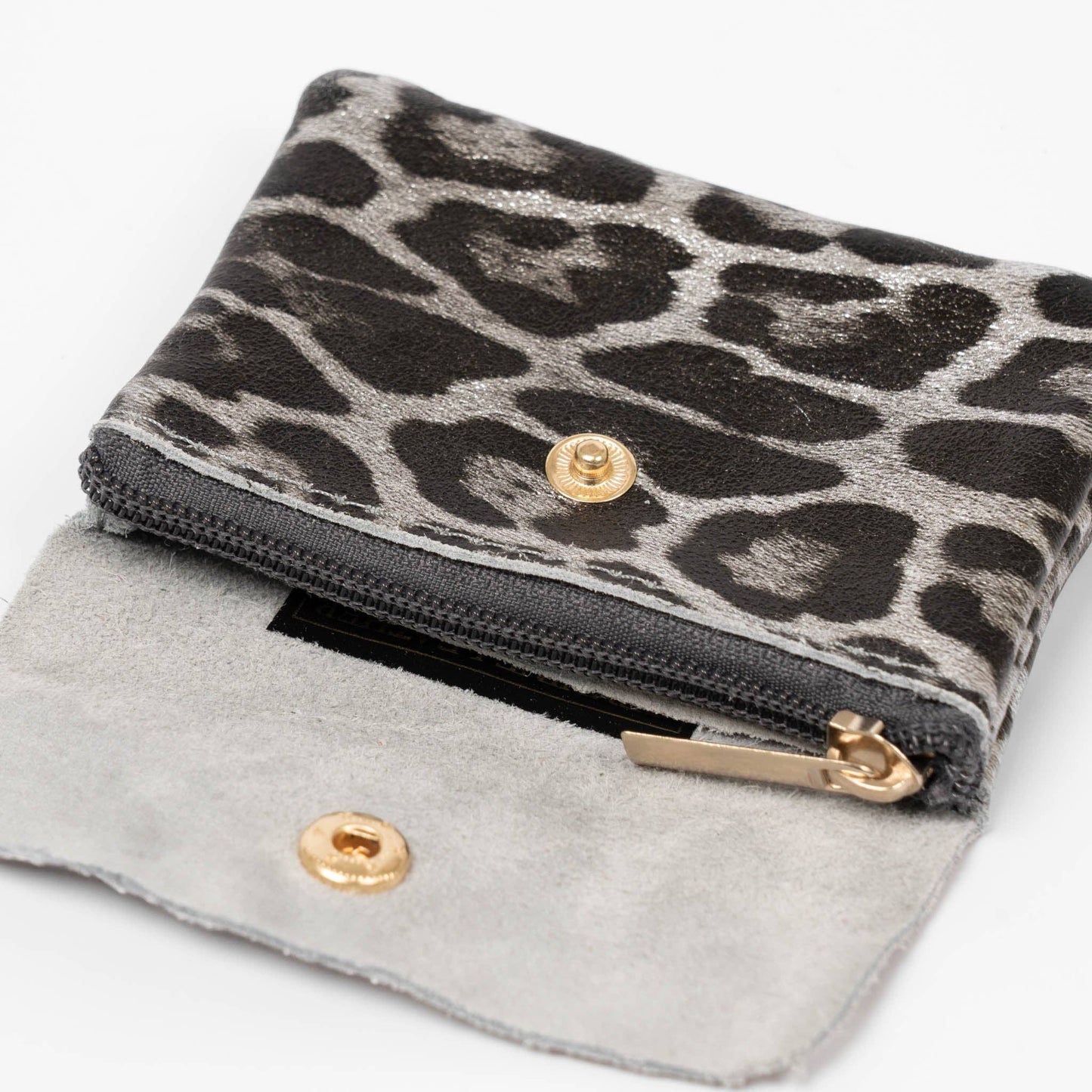 Italian Leather Coin Purse - Grey Leopard Print, Metallic