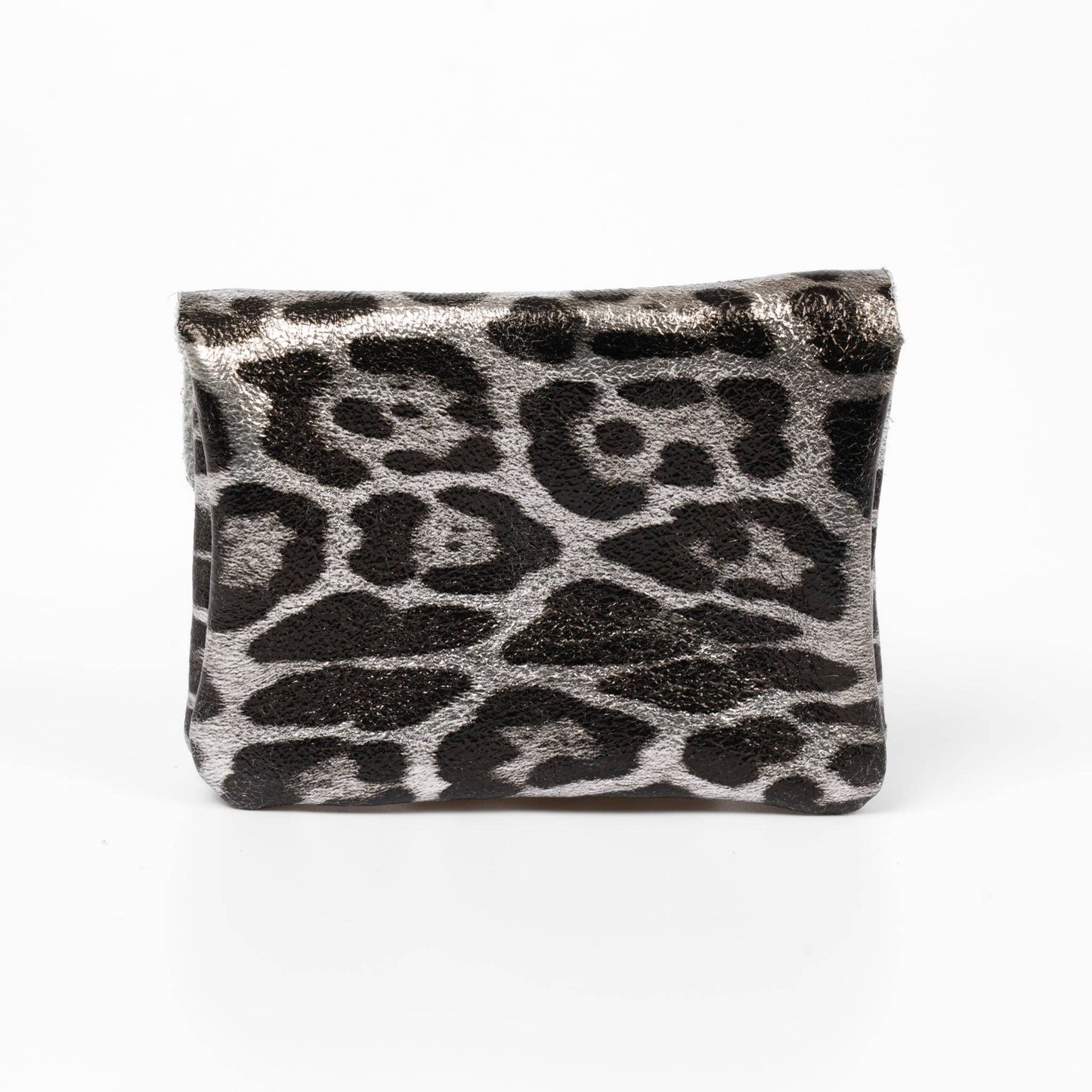 Italian Leather Coin Purse - Grey Leopard Print, Metallic