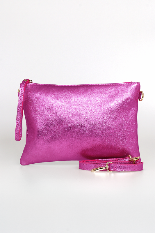 Jenna - Italian Leather Clutch Bag - Raspberry, Metallic