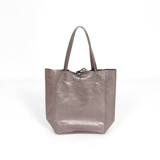 Heather Italian Leather Tote Bag - Pewter, Metallic