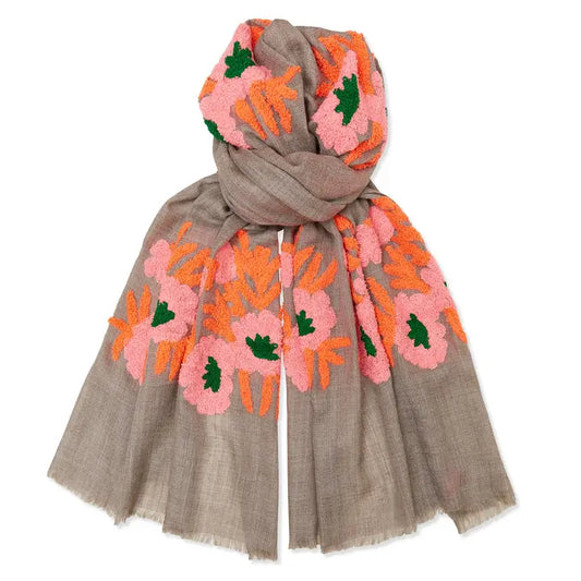 Mexican Flower Pashmina - Natural/Pink/Orange