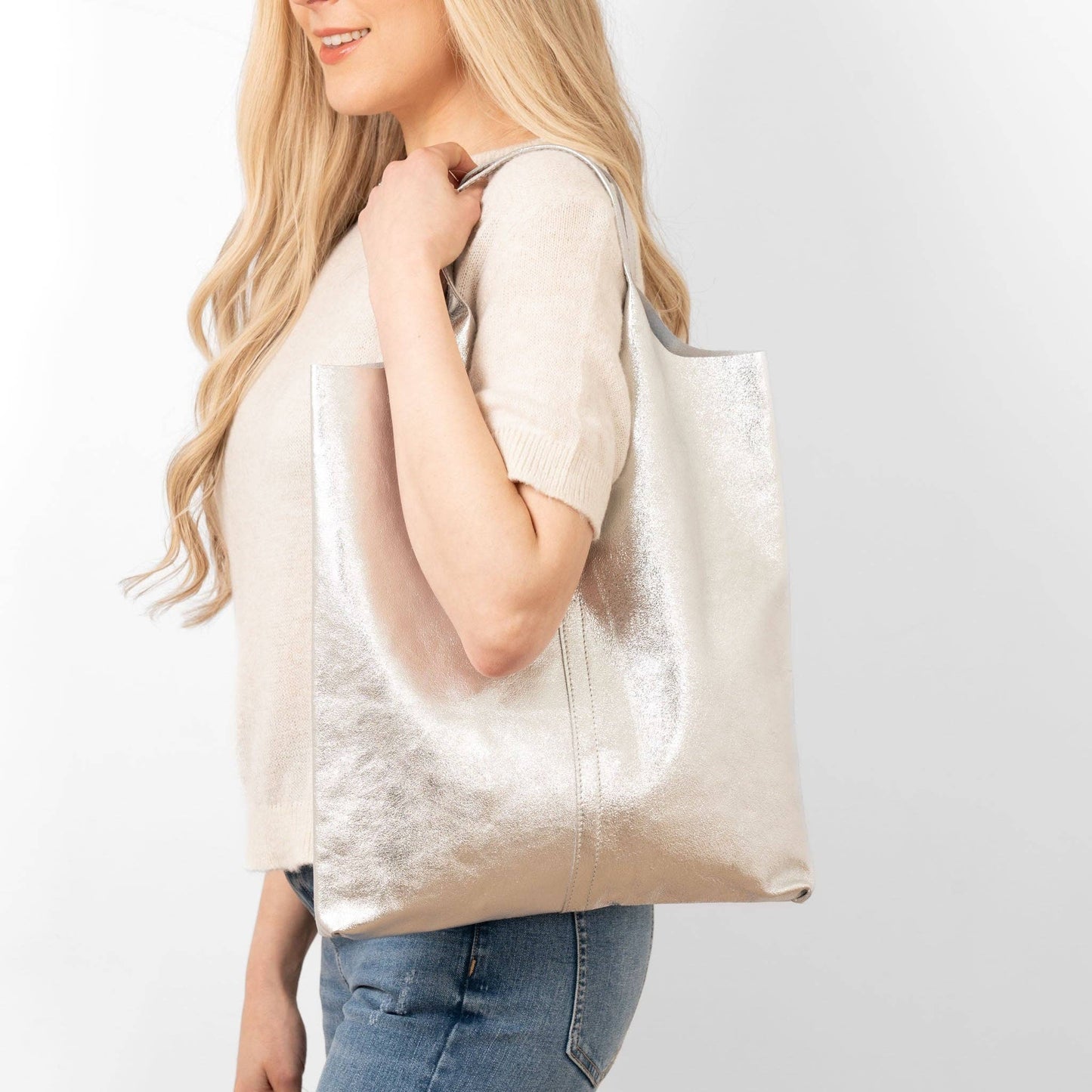 Paloma Italian Leather Shoulder Bag - Silver, Metallic