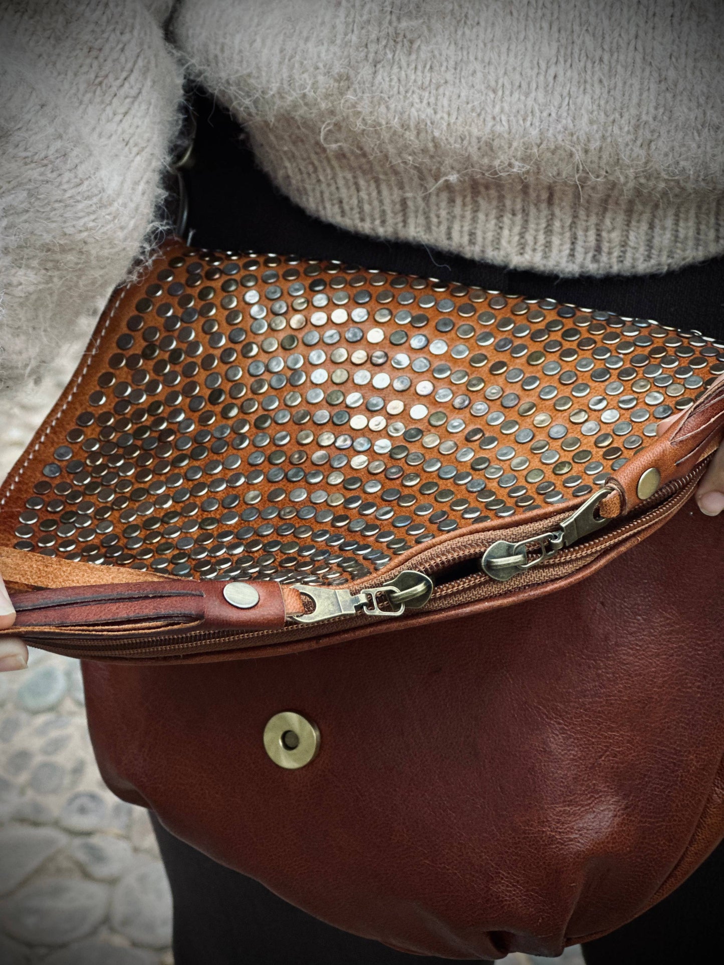 Handmade Studded Leather Shoulder Bag | Chic Medium Purse