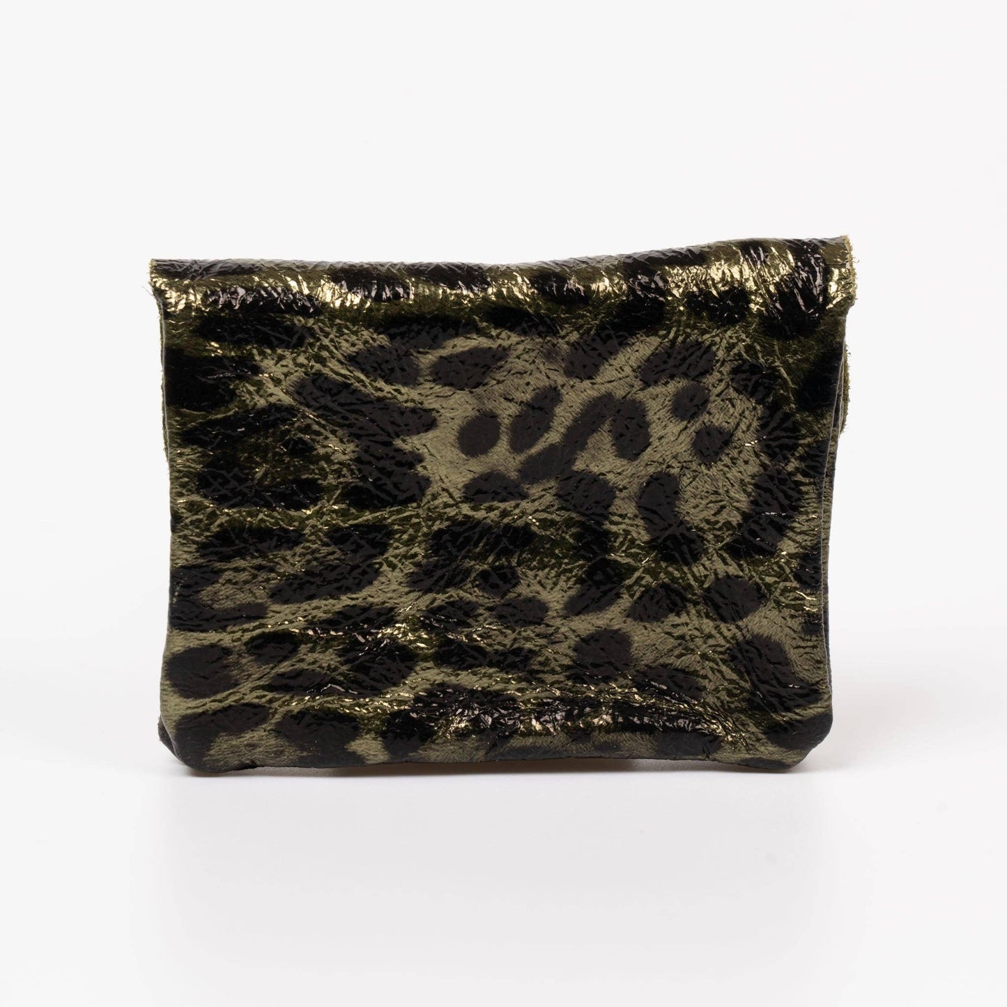 Italian Leather Coin Purse - Khaki Leopard Print, Metallic