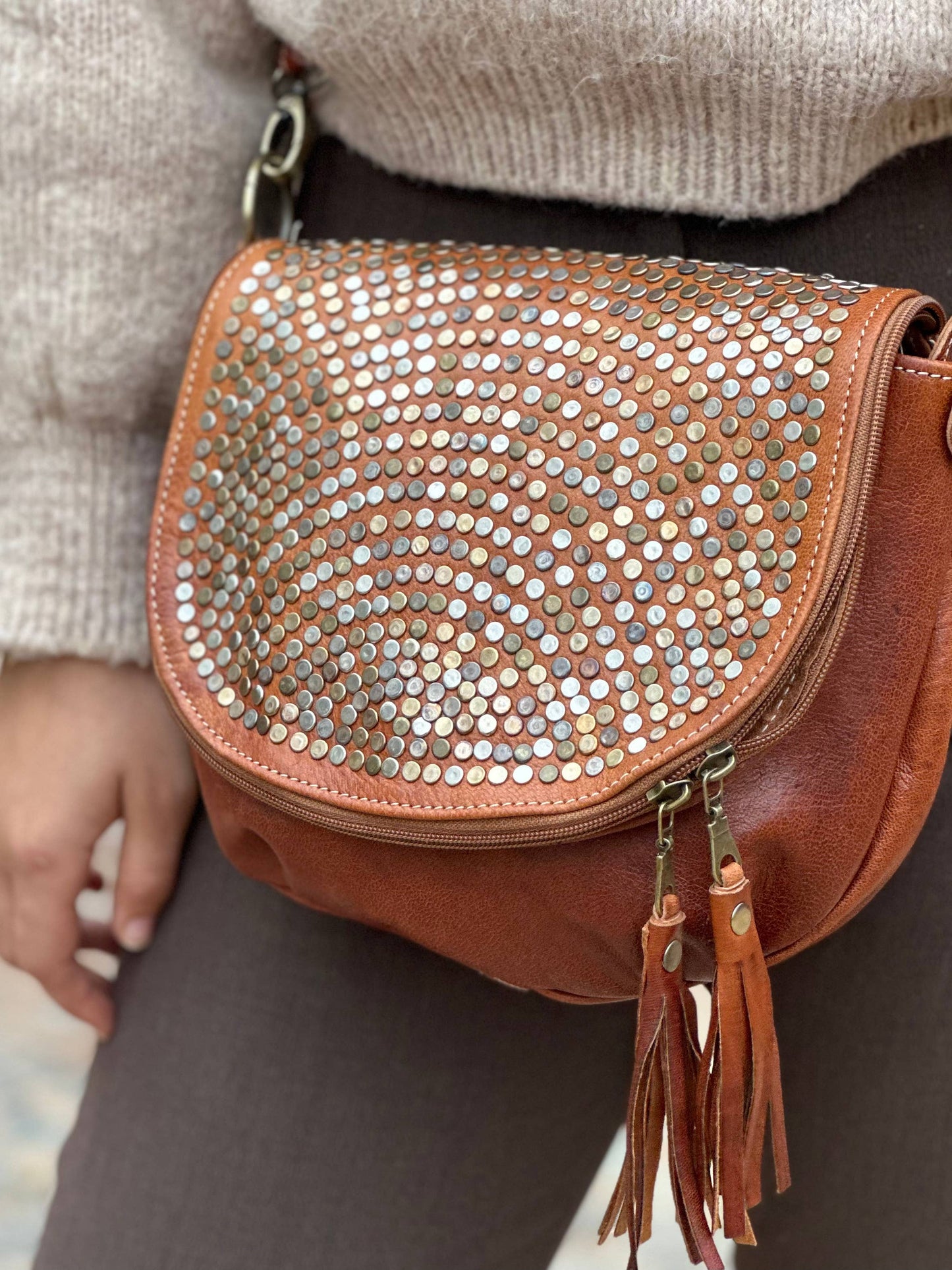 Handmade Studded Leather Shoulder Bag | Chic Medium Purse