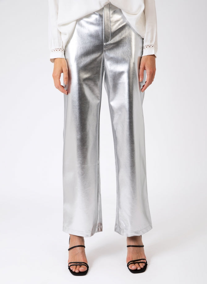 PITTY Silver Straight-Leg Trousers in Imitation Leather