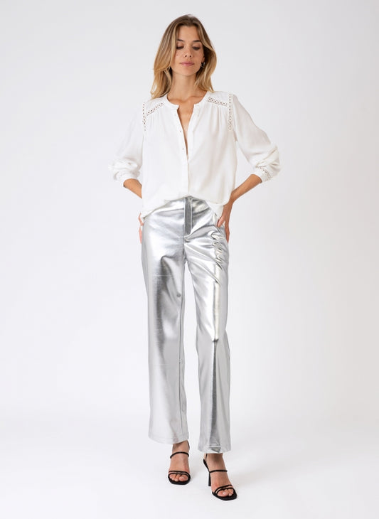 PITTY Silver Straight-Leg Trousers in Imitation Leather
