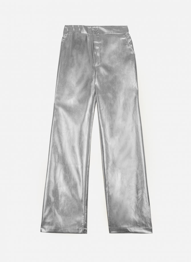 PITTY Silver Straight-Leg Trousers in Imitation Leather