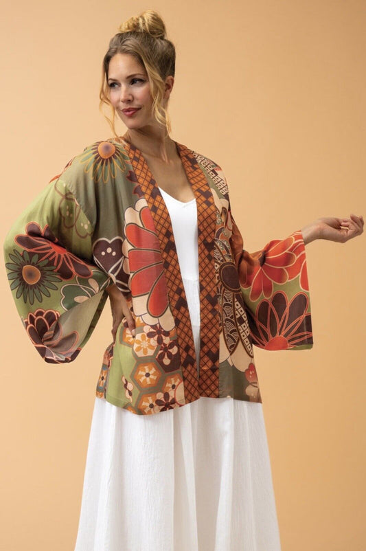70s Kaleidoscope Floral Kimono Jacket in Sage