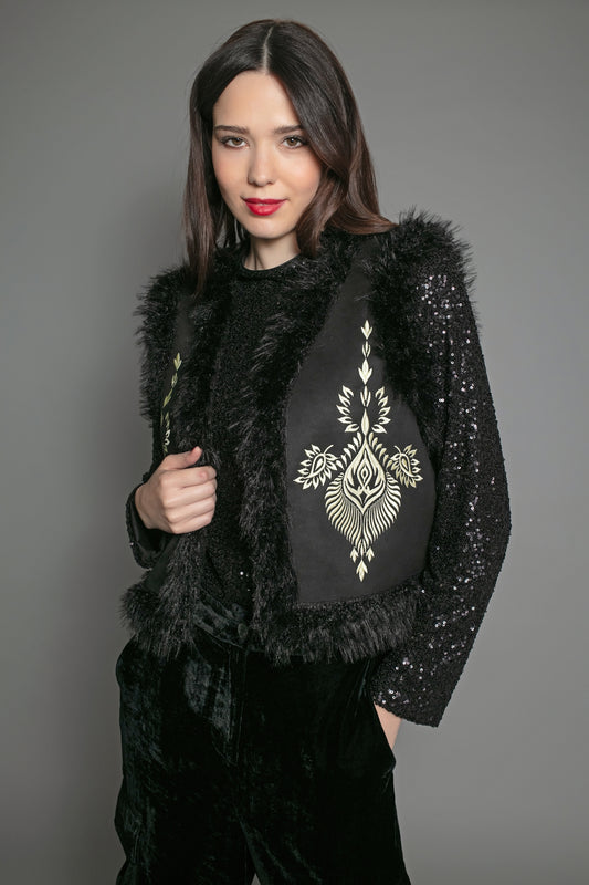 Stasia Gilet in Black Faux Fur