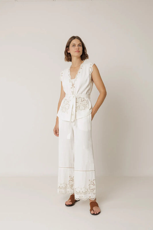 Embroidered Trousers in Cream