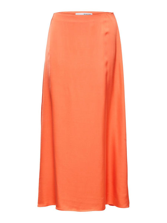 Orange Satin Midi Skirt