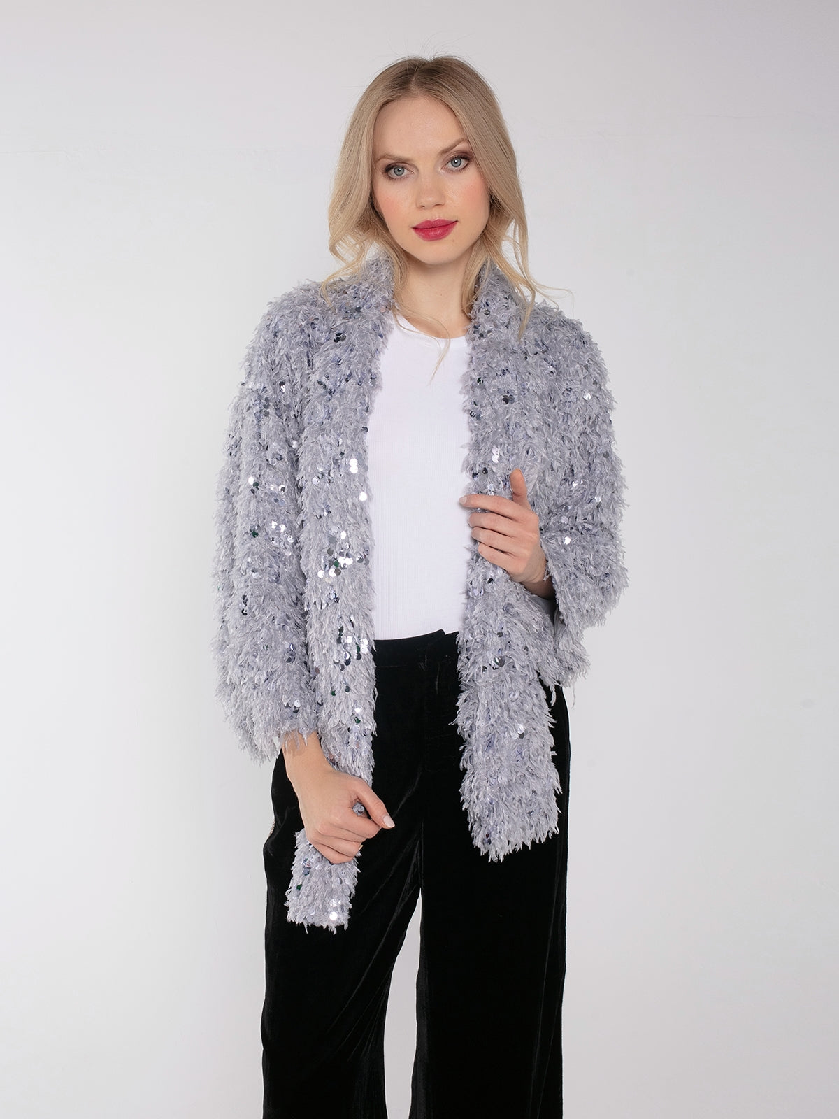 HARLOW SEQUIN AND FAUX FUR SCARF-GREY