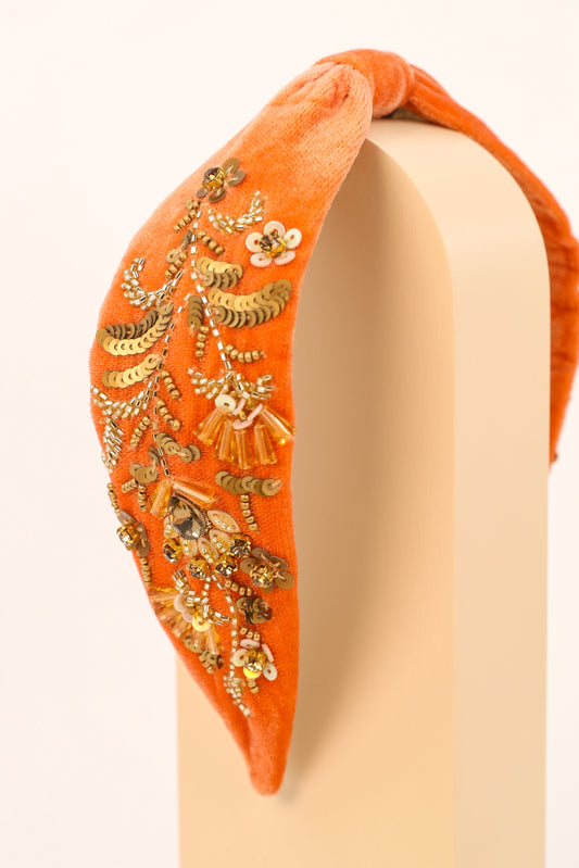 Velvet Embellished Headband in Tangerine