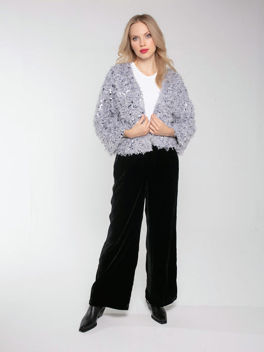MARLY SEQUIN AND FAUX FUR KIMONO-GREY