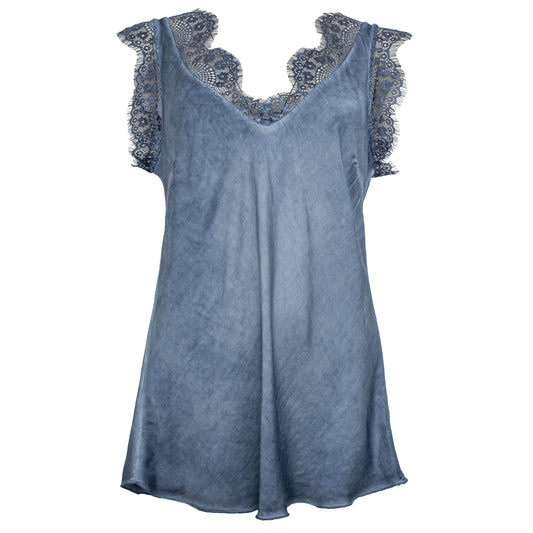 Lace Capped Sleeve in Blue Denim