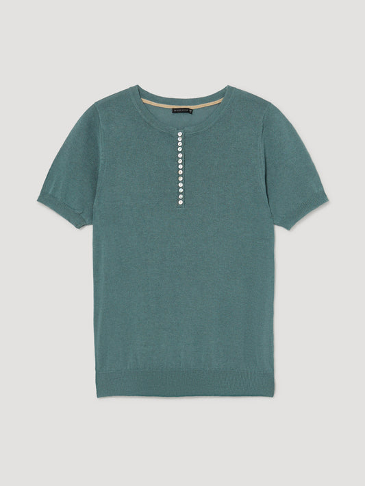 Linen Sweater in Teal with Button Detail