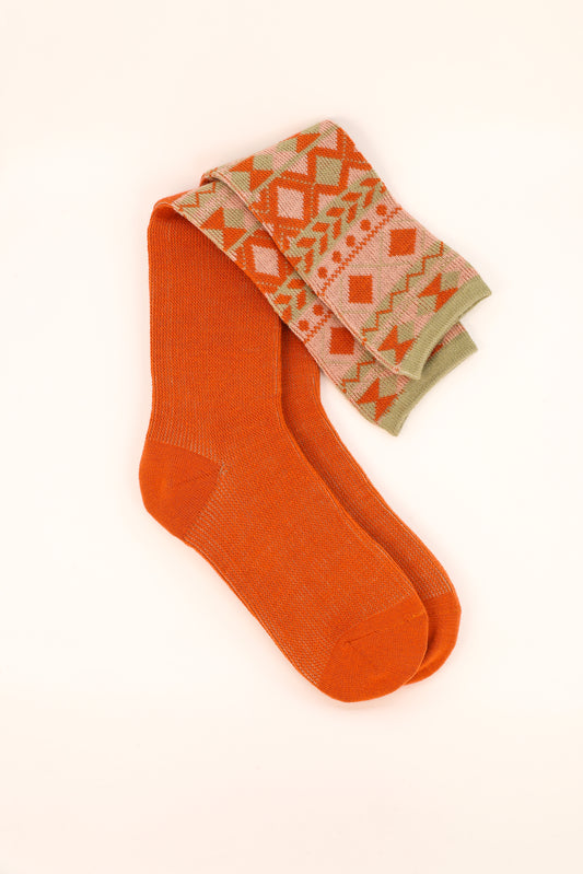 Fair Isle Diamond Boot Socks in Sage/Tangerine
