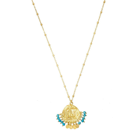 Short Necklace With Lily Coin And Semi Precious Turquoise Beads