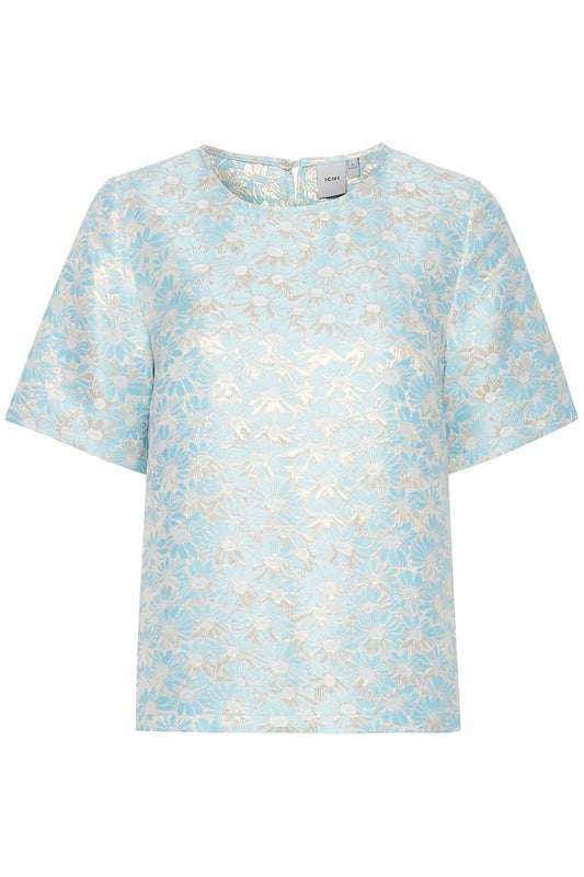 Pale Blue Blouse With Gold Detail and Short Sleeve