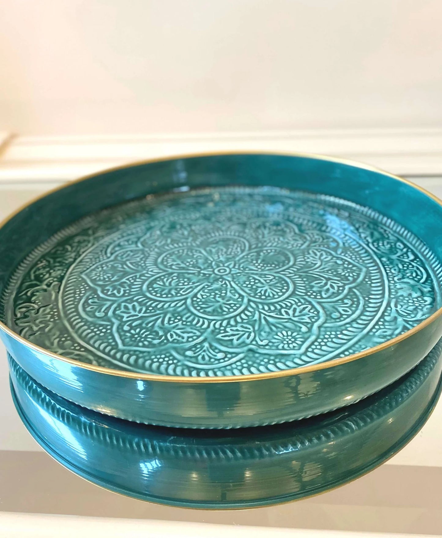 Large Round Enamel Teal Tray